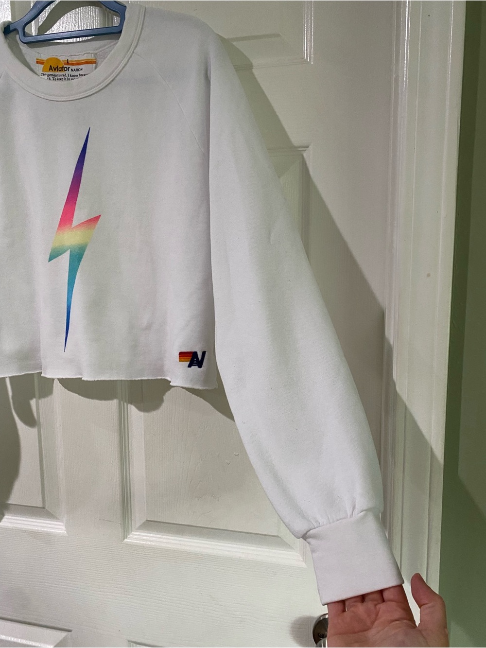 Aviator Nation Bolt White Cropped Crewneck Large Sweatshirt Loungewear Surfer - Picture 3 of 13